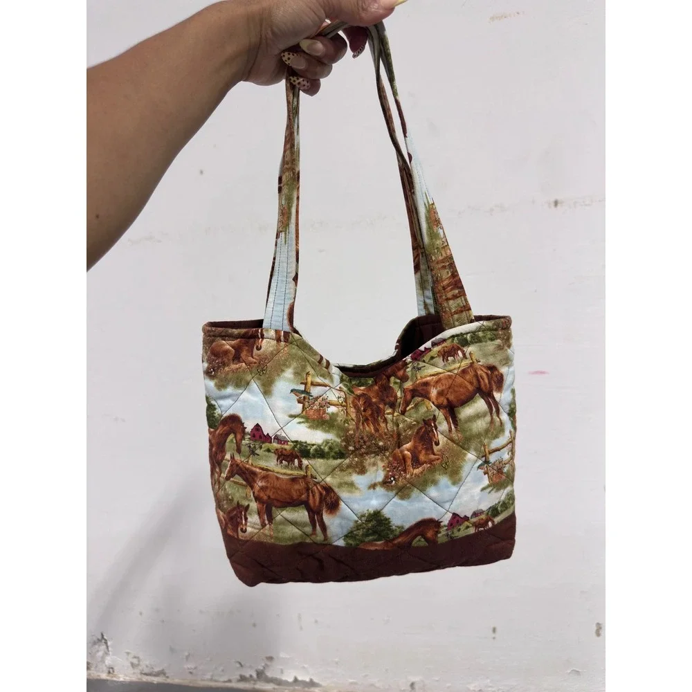 Handmade Quilted Horse Print Tote Bag Brown Equestrian Scenic Shoulder Bag
